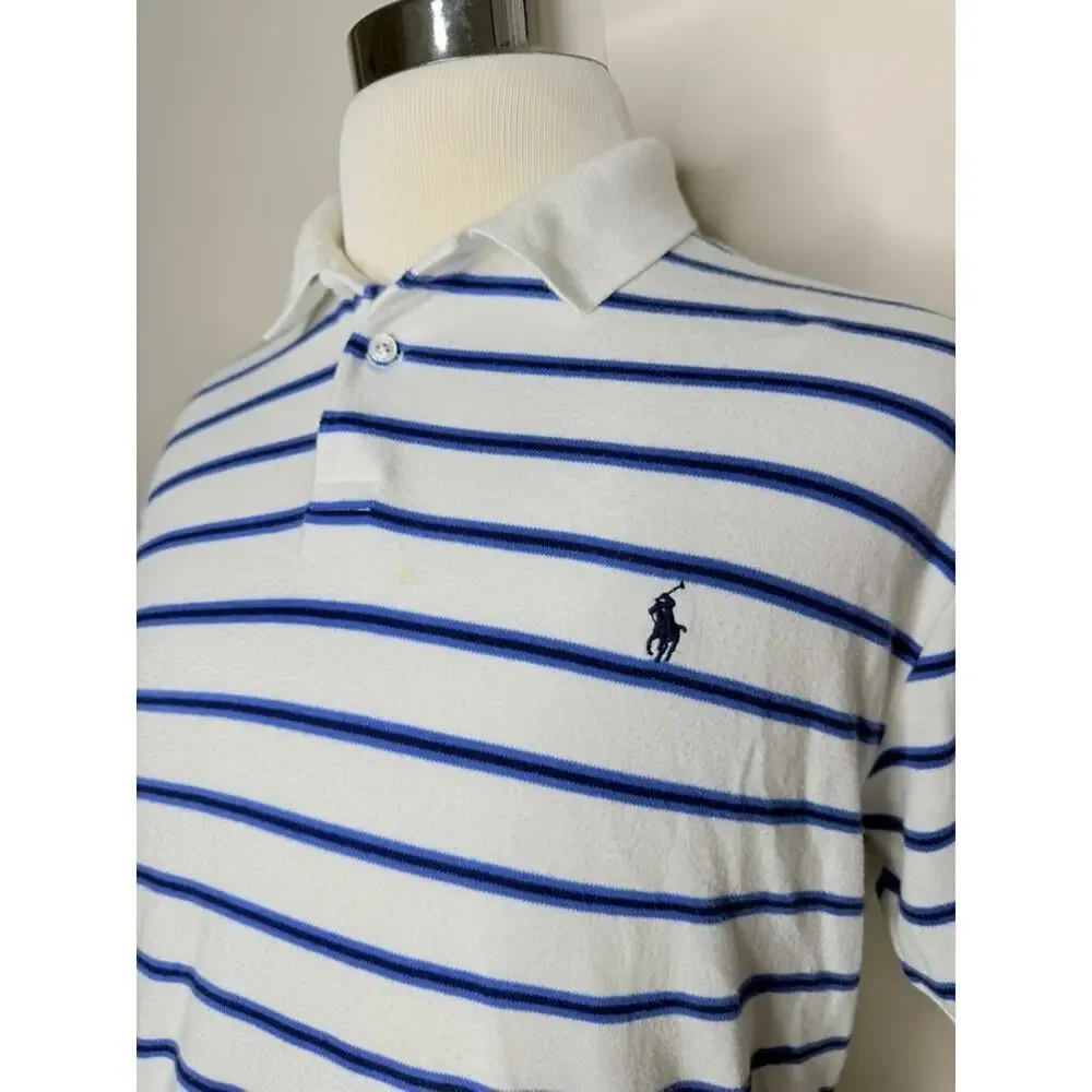 Ralph Lauren Polo Shirt 100% Cotton Large Blue White Stripe Mens Preppy Sports
